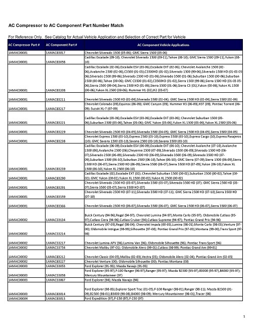 Guide d’adaptation pour numéro de pièce : Compresseur de climatisation à Composante de climatisation